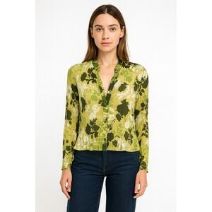 Floral Print Blouse Green White Black Pleated Long Sleeve Button Up Top‎